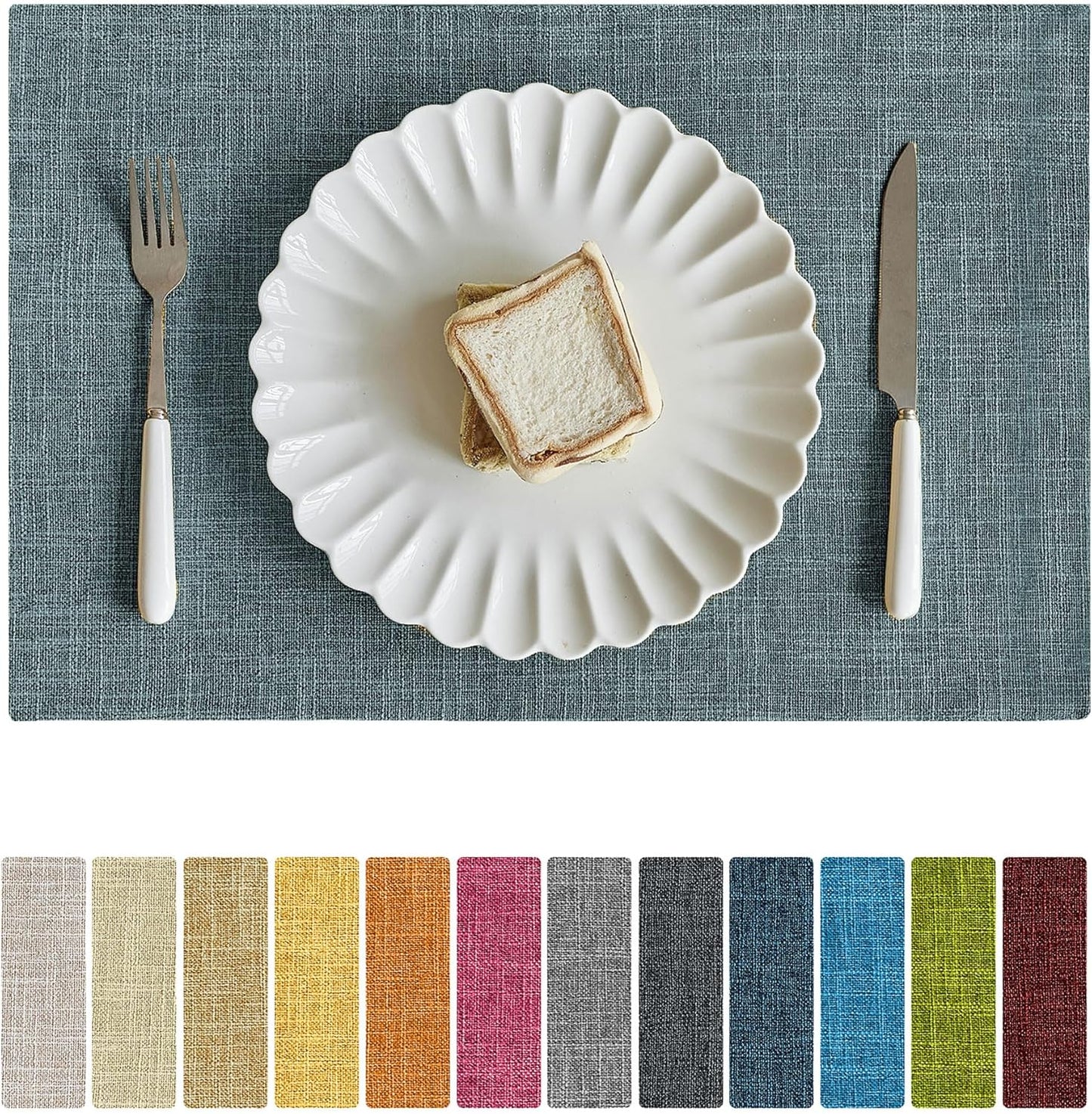 Softalker Faux Linen Placemats Set of 8-12 x 18 Inch, Heat Resistant Double Layered Durable Burlap Farmhouse Place Mats, Non-Slip Washable Rustic Table Mats for Dining, Kitchen, Party（Light Blue