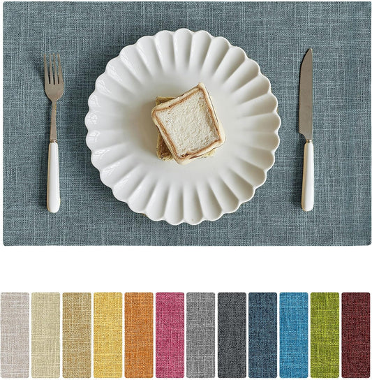 Softalker Faux Linen Placemats Set of 6-12 x 18 Inch, Heat Resistant Double Layered Durable Burlap Farmhouse Place Mats, Non-Slip Washable Rustic Table Mats for Dining, Kitchen, Party（Light Blue