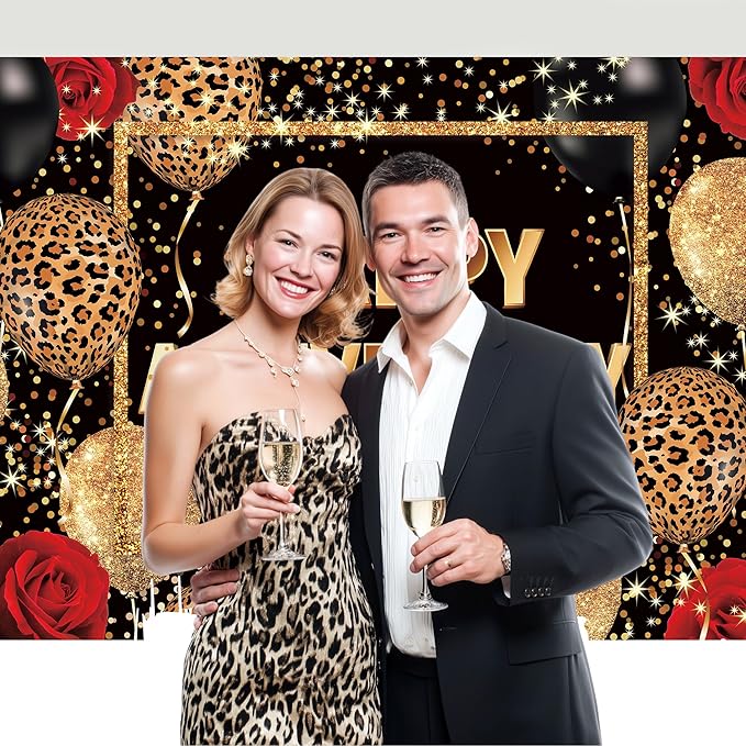 Homewelle Leopard Print Happy Anniversary Backdrop 7Wx5H Feet Polyester Fabric Black Gold Red Cheetah Print Decoration Balloon Rose Cool Party Celebration Photography Background Photo Shoot Props