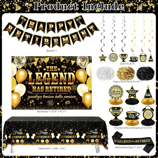 Retirement Party Decorations, 109Pcs Black Gold Happy Retirement Decorations for Men Women, The Legend Has Retired Backdrop Sash Banner Tablecloth Pompoms Centerpiece Hanging Swirls Balloons
