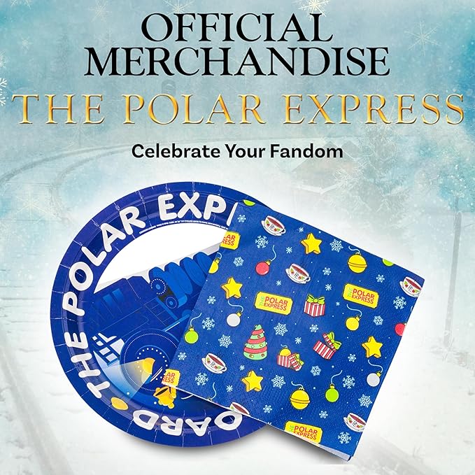 Silver Buffalo The Polar Express All Aboard Christmas Holiday Train 32 Pack Partyware Disposable Paper Plates and Napkins
