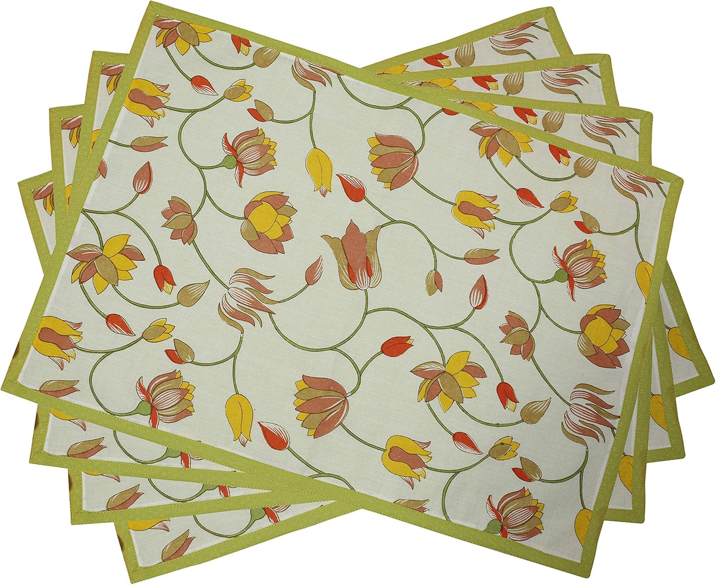Indtresor Indian Heritage Fabric Cotton Table Linen Reversible Set Runner Napkins Mats in Orange Green