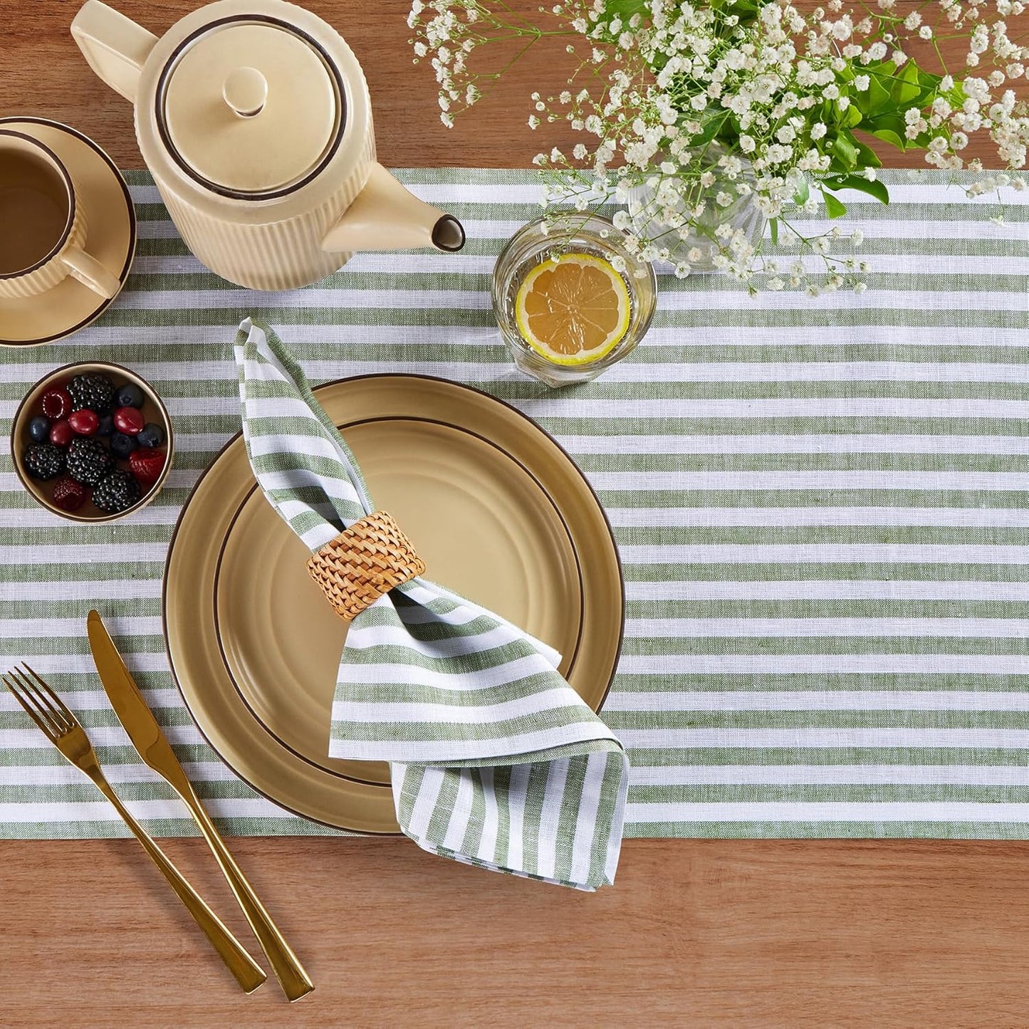 Solino Home Linen Table Runner 144 Inches Long - Amalfi Stripe, 100% Pure Linen Green and White Table Runner 14 x 144 Inch for Dining
