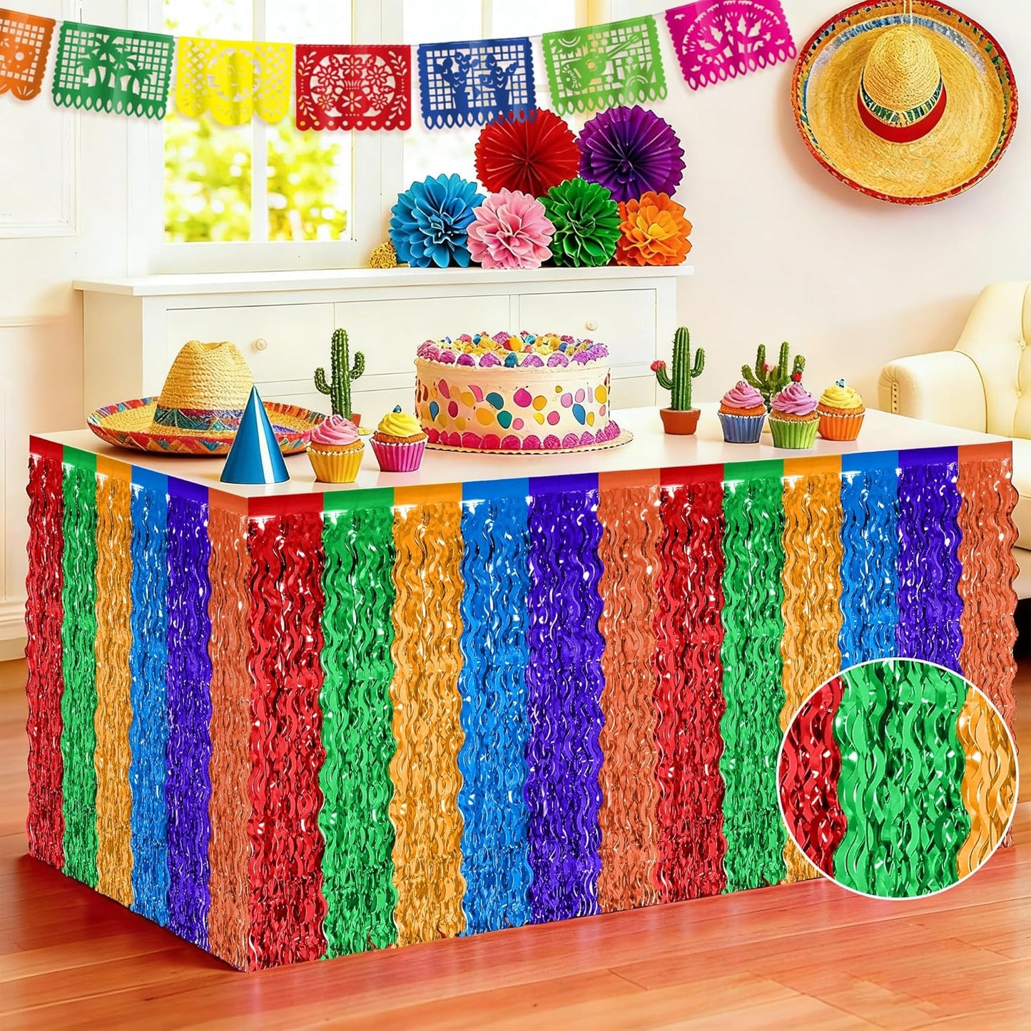 Day of the Dead Table Decorations, 2 Pack Dia De Los Muertos Fiesta Desk Skirts Supplies, Mexican Theme Metallic Wavy Tinsel Foil Fringe Table Skirts, Rainbow Skirts for Mexico Day of The Dead Decor