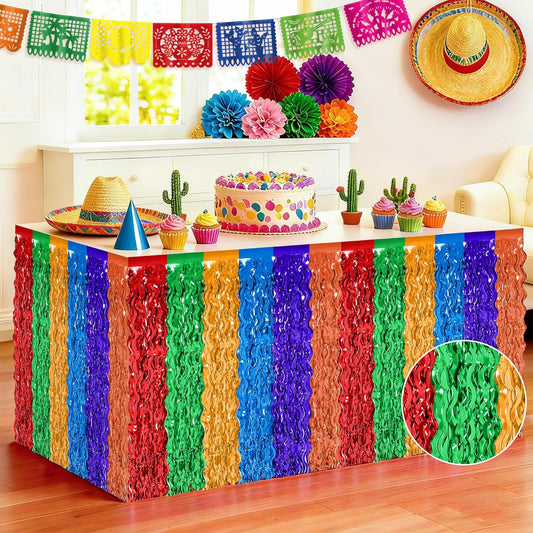 Day of the Dead Table Decorations, 2 Pack Dia De Los Muertos Fiesta Desk Skirts Supplies, Mexican Theme Metallic Wavy Tinsel Foil Fringe Table Skirts, Rainbow Skirts for Mexico Day of The Dead Decor