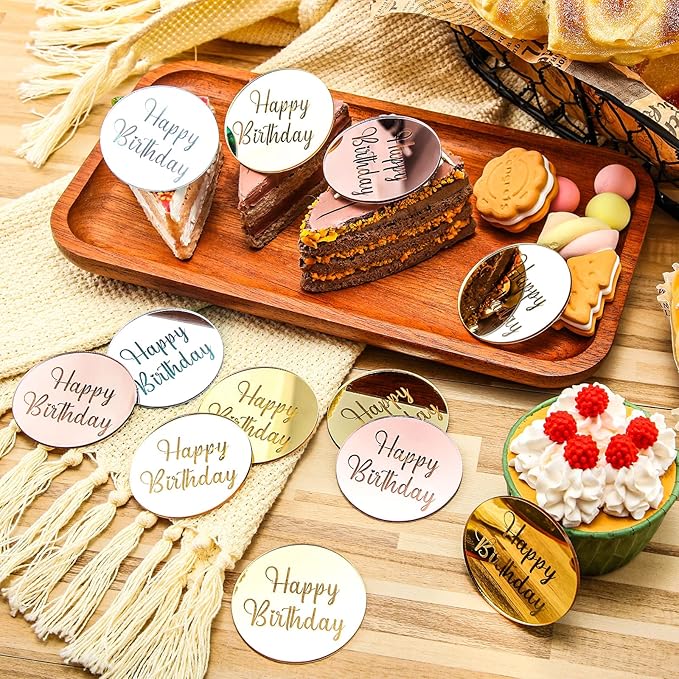 Qunclay 30 Pcs Happy Birthday Acrylic Cake Toppers, Mirror Acrylic Cupcake Toppers, 3 Multi-shape & Gold Rose Gold Silver Cupcake Picks for Birthday Party Pastries Decor DIY Supplies(Round)