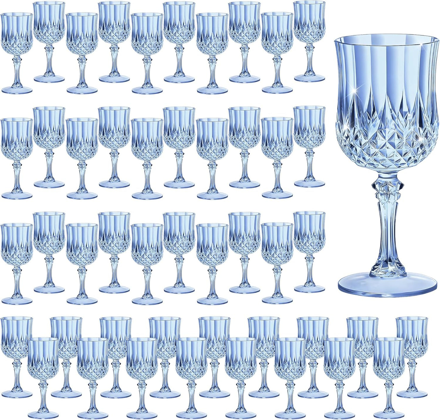 48PCS 7OZ Blue Wine Plastic Glasses, Drinking Champagne Glasses Flutes Crystal Vintage Water Unbreakable Goblets for Wedding, Parties