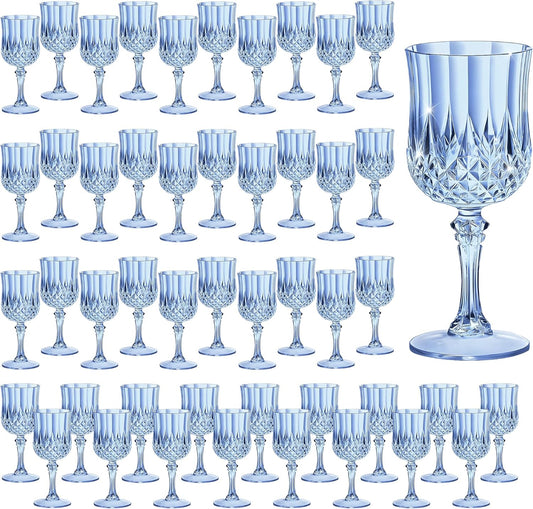 48PCS 7OZ Blue Wine Plastic Glasses, Drinking Champagne Glasses Flutes Crystal Vintage Water Unbreakable Goblets for Wedding, Parties