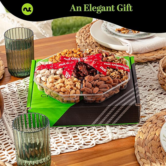 NUT CRAVINGS - Halloween Treats For Adults Mixed Nuts Gift Basket + Heart Ribbon (7 Assortments) Holiday Xmas Christmas Food Arrangement, Healthy Snack Care Package, Food Assortments