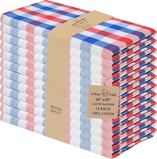 Urban Villa July 4th Cloth Napkins Red/Blue/White Dinner Napkins 100% Cotton (Set of 12) 20x20 Inches Buffalo Checks Highly Absorbent Soft Durable Reusable & Washable Table Dinner Napkins