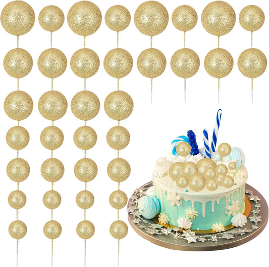 30Pcs Balls Cake Topper Glitter Foam Ball Cake Picks Mini Balloon DIY Cake Insert Topper Decoration for Baby Shower Wedding Anniversary Kids Birthday Graduation Party Cake Decorations Gold