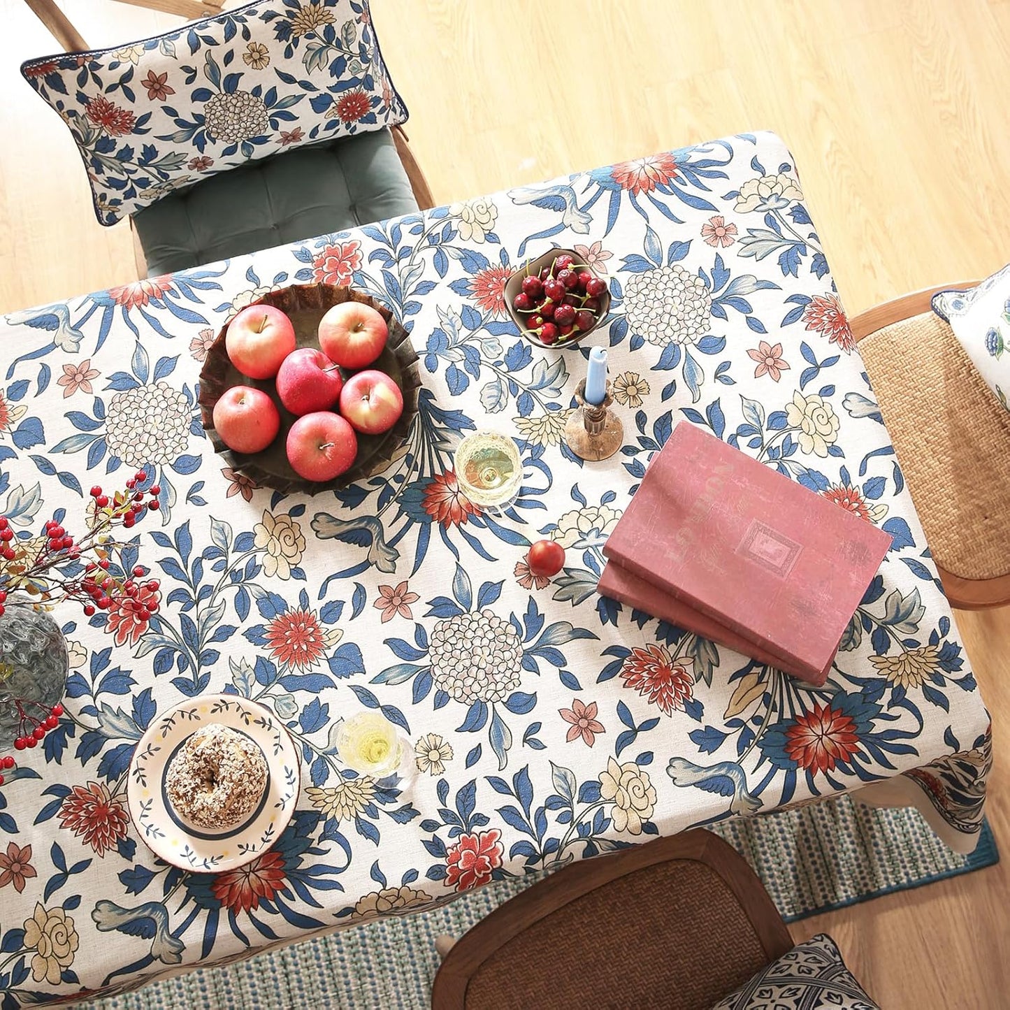 patdrea Designer Blue Tablecloth for Rectangle Table,Vintage Linen with Leaves and Floral Pattern Tablecloths,Farmhouse Decor Cover for Kitchen Dining Christmas,Thanksgiving,55"x87"-Ivar a