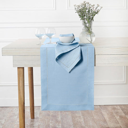 D'Moksha Homes Linen Powder Blue Table Runner 120 Inches Long - 100% Pure Linen Hemstitch 14 x 120 Inch Table Runner for Dining, Fall, Autumn and Halloween - Classic Hemstitch