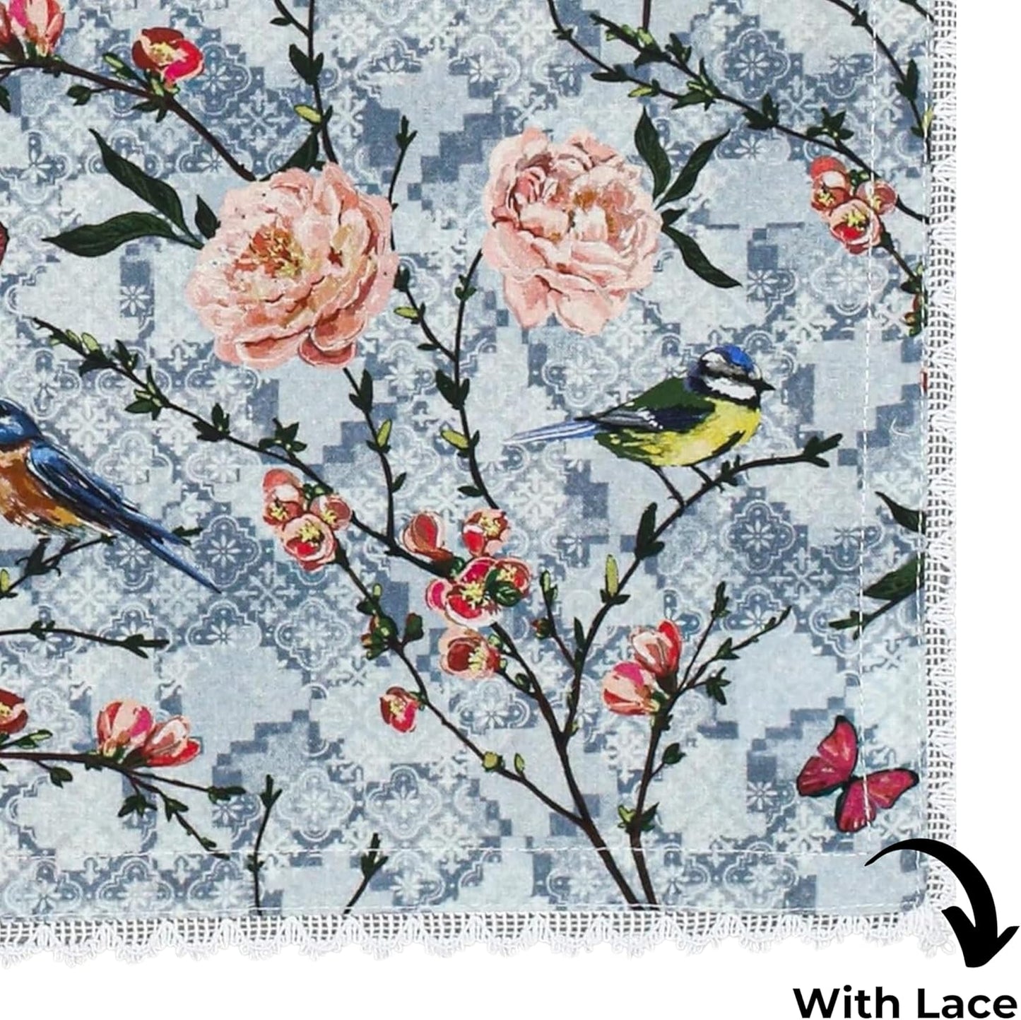 Bedding Craft Printed Cotton Dinner Napkins Set of 12 – 18x18 Lace Birds Design – Elegant & Reusable Fabric Table Napkins for Dining, Parties, Weddings & Everyday Use