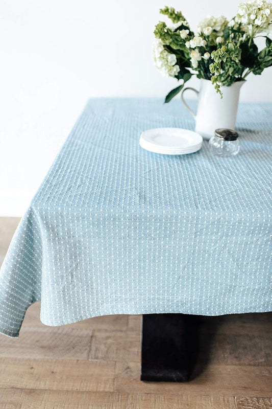 60x120 in Cotton Linen Tablecloth – Rectangular Dining Table Cover with Elegant Pattern for Kitchen, Weddings, Parties, Indoor or Outdoor Picnic and Everyday Decor – Blue Dot Pattern