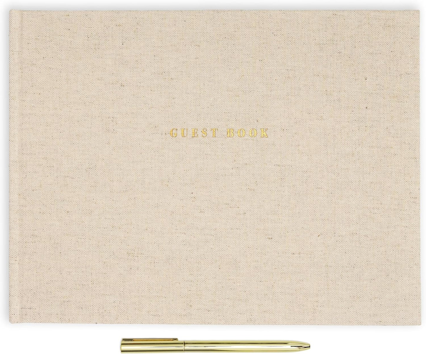 ELYN Linen Guest Book, Sign in Book for Wedding Reception, Birthday, Baby Shower & Events, Matching Gold Gel Pen, Photo Pockets & Table Sign, 80 Pages (Blank & Lined), Large, 11.5 in x 8.5 in (Linen)