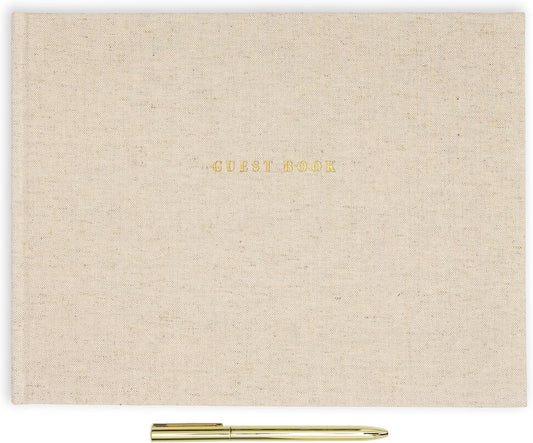ELYN Linen Guest Book, Sign in Book for Wedding Reception, Birthday, Baby Shower & Events, Matching Gold Gel Pen, Photo Pockets & Table Sign, 80 Pages (Blank & Lined), Large, 11.5 in x 8.5 in (Linen)