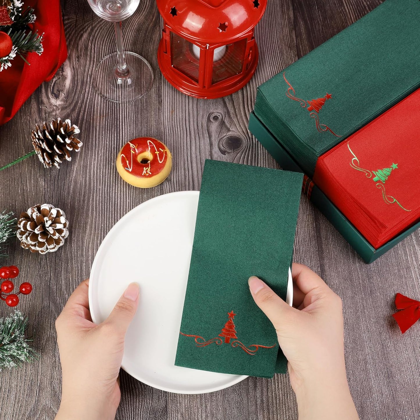 100 Pack Christmas Disposable Guest Napkins 12 x 17 Inch Red and Green Foil Christmas Trees Napkins Xmas Tree Hand Towels for Bathroom Kitchen Weddings Christmas Holiday Party