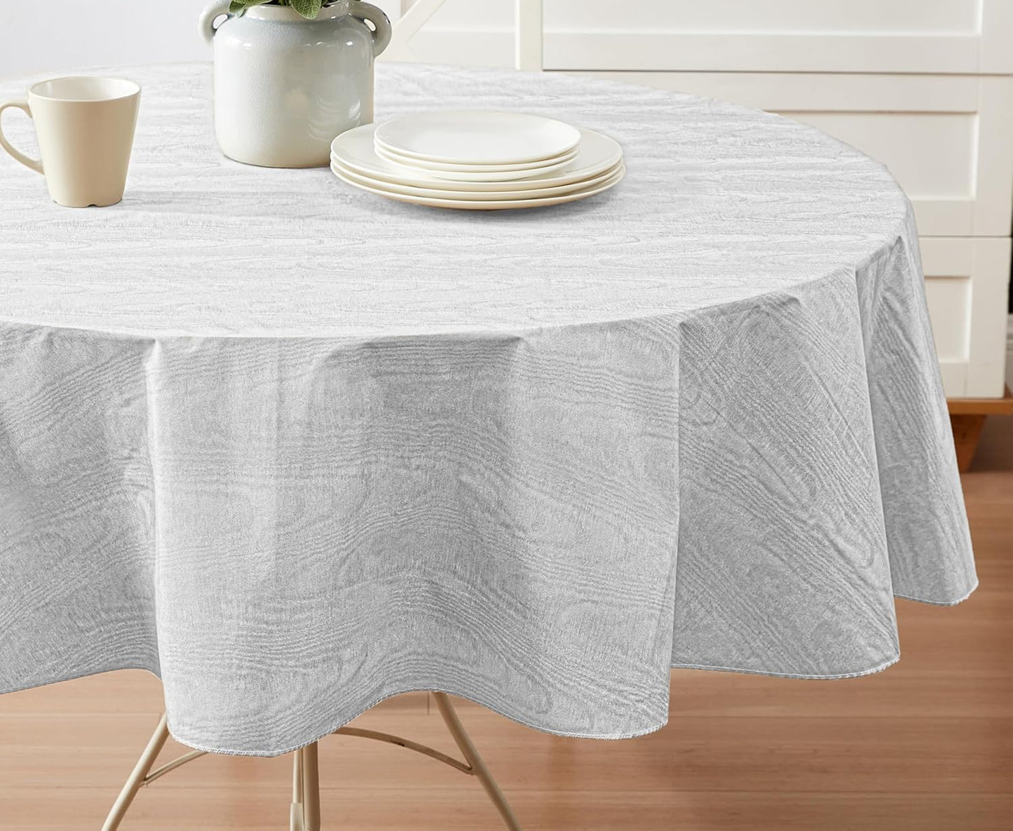 Newbridge Vinyl Flannel Backed Tablecloth, 60 x 84 Inch Oval, Silvery White Moire Wavy Solid Design, Heavyweight Indoor Outdoor Waterproof Table Cover, Easy Care Wipe Clean