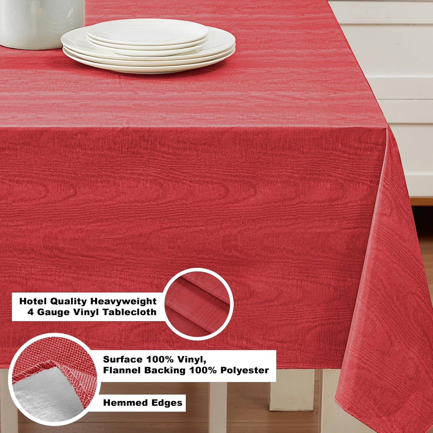 Newbridge Vinyl Flannel Backed Tablecloth, 60 x 84 Inch Rectangle, Red Moire Wavy Solid Design, Heavyweight Indoor Outdoor Waterproof Table Cover, Easy Care Wipe Clean