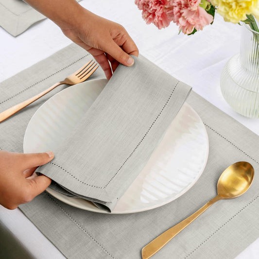 D'Moksha Homes Silver Grey Linen Napkins Set of 8 - Classic Hemstitch 100% Pure Linen Dinner Napkins Cloth 20 x 20 Inch for Fall, Thanksgiving, Holiday - Handcrafted and Machine Washable