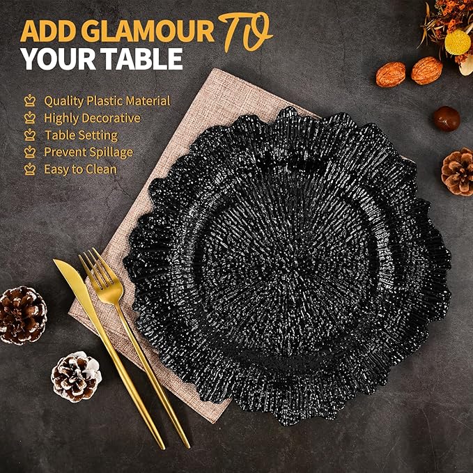 24 Pcs Black Charger Plates Bulk 13 Inch Plastic Charger Plates for Dinner Plate, Black Chargers for Table Setting, Reef Design Plate Floral Decorative Round Chargers for Wedding Party, Event