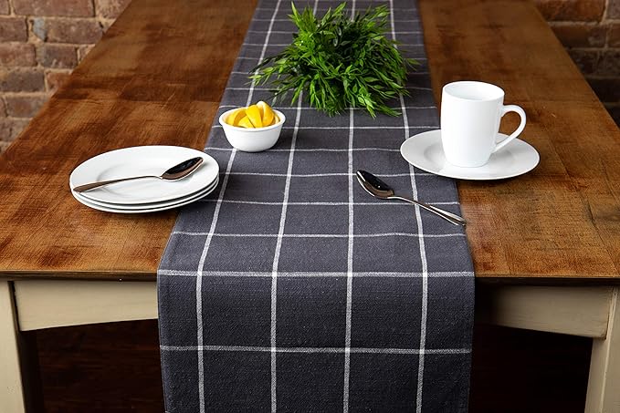 Sticky Toffee Cotton Table Runner 14x72 in – Gray Plaid Woven Table Décor for Kitchen or Dining Room, Farmhouse Style, Oeko-Tex Cotton