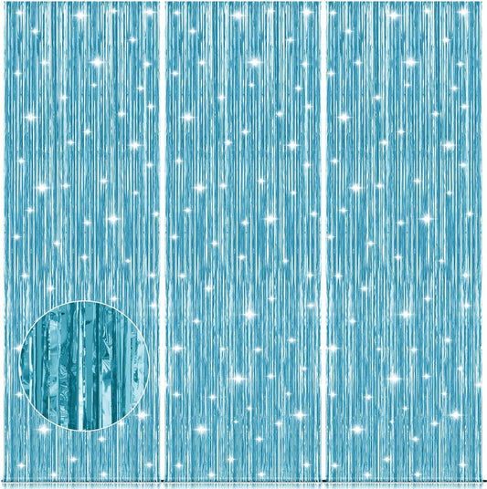 Accevo 3Pack Light Blue Party Streamers 3.2x8.2 Feet Metallic Fringe Curtains Tinsel Streamers Party Decor for Summer Party Beach Theme Party Decorations Wedding Birthday Xmas New Year Photo Booth