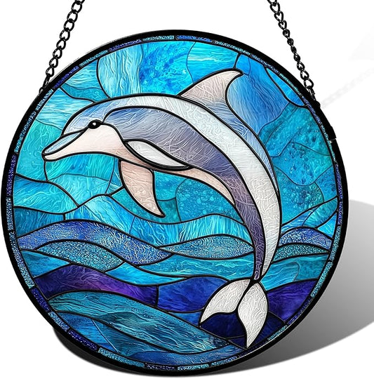 Stained Glass Suncatcher, Blue Ocean Dolphin Sun Catcher Marine Life Stain Glass Indoor Window Hanging Decoration Mother's Day Birthday Gifts for Women Men Mom and Nana 11.8 in