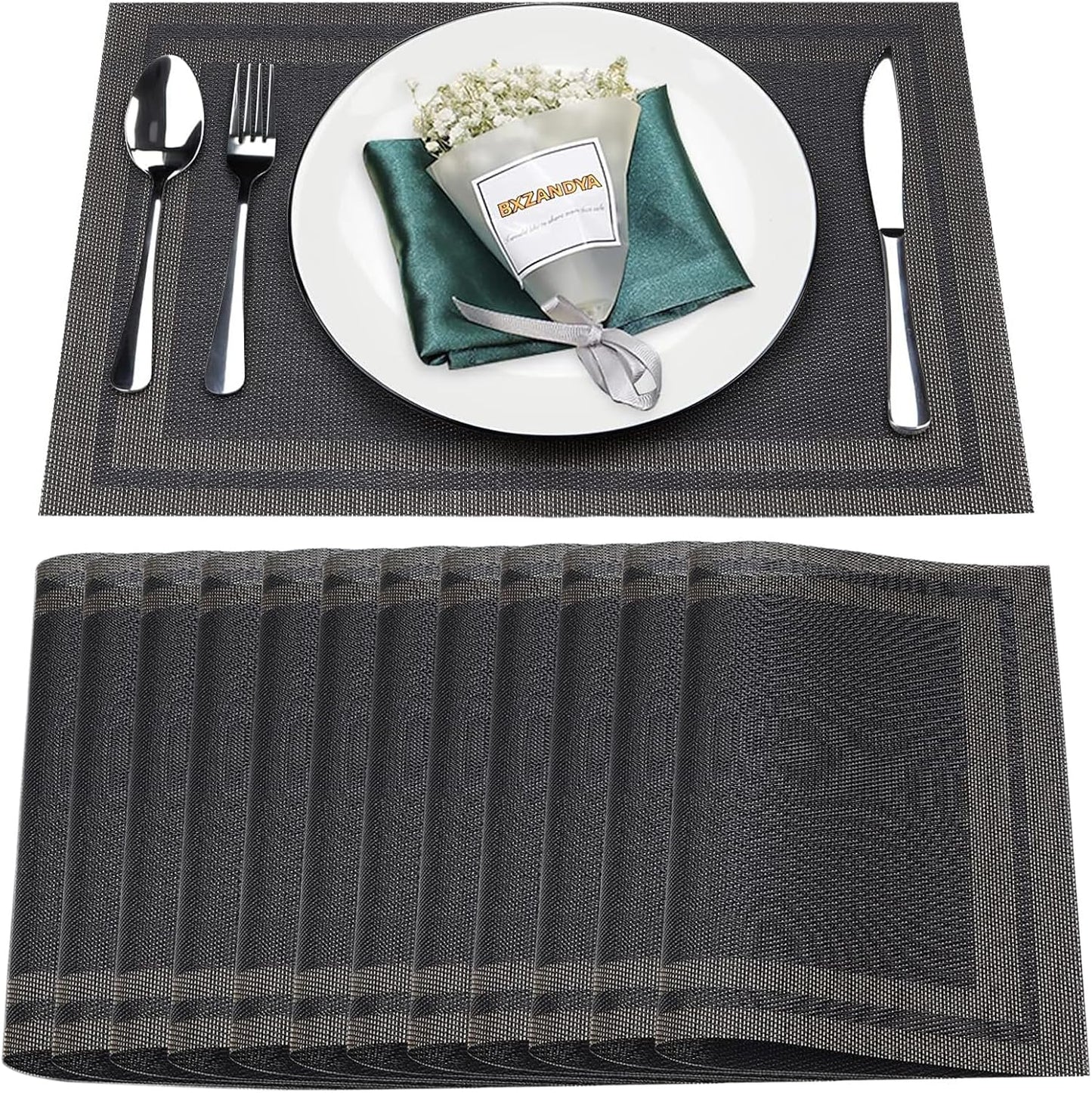 Placemats Set of 12,Washable,Heat and Stain Resistant Indoor/Outdoor Place mats,Vinyl Woven Non Slip Table Mats for Restaurant Table Protection,PVC Placemats(Black Gold,12PCS)