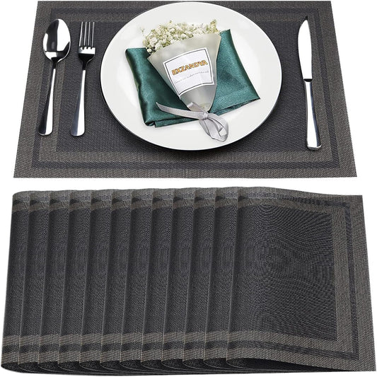 Placemats Set of 12,Washable,Heat and Stain Resistant Indoor/Outdoor Place mats,Vinyl Woven Non Slip Table Mats for Restaurant Table Protection,PVC Placemats(Black Gold,12PCS)