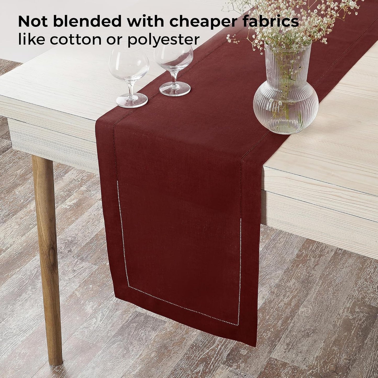 D'Moksha Homes Linen Dark Red Table Runner 120 Inches Long - 100% Pure Linen Hemstitch 14 x 120 Inch Table Runner for Dining, Fall, Autumn and Halloween - Classic Hemstitch