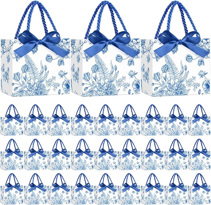 Moinchore 30 Pcs Blue and White Floral Paper Gift Bags with Ribbon Handles, 5.5 x 4.7 x 2.5 in Medium Decorative Favor Bags for Baby Shower, Bridal Party, Wedding, Birthday, Candy, Snacks and Presents