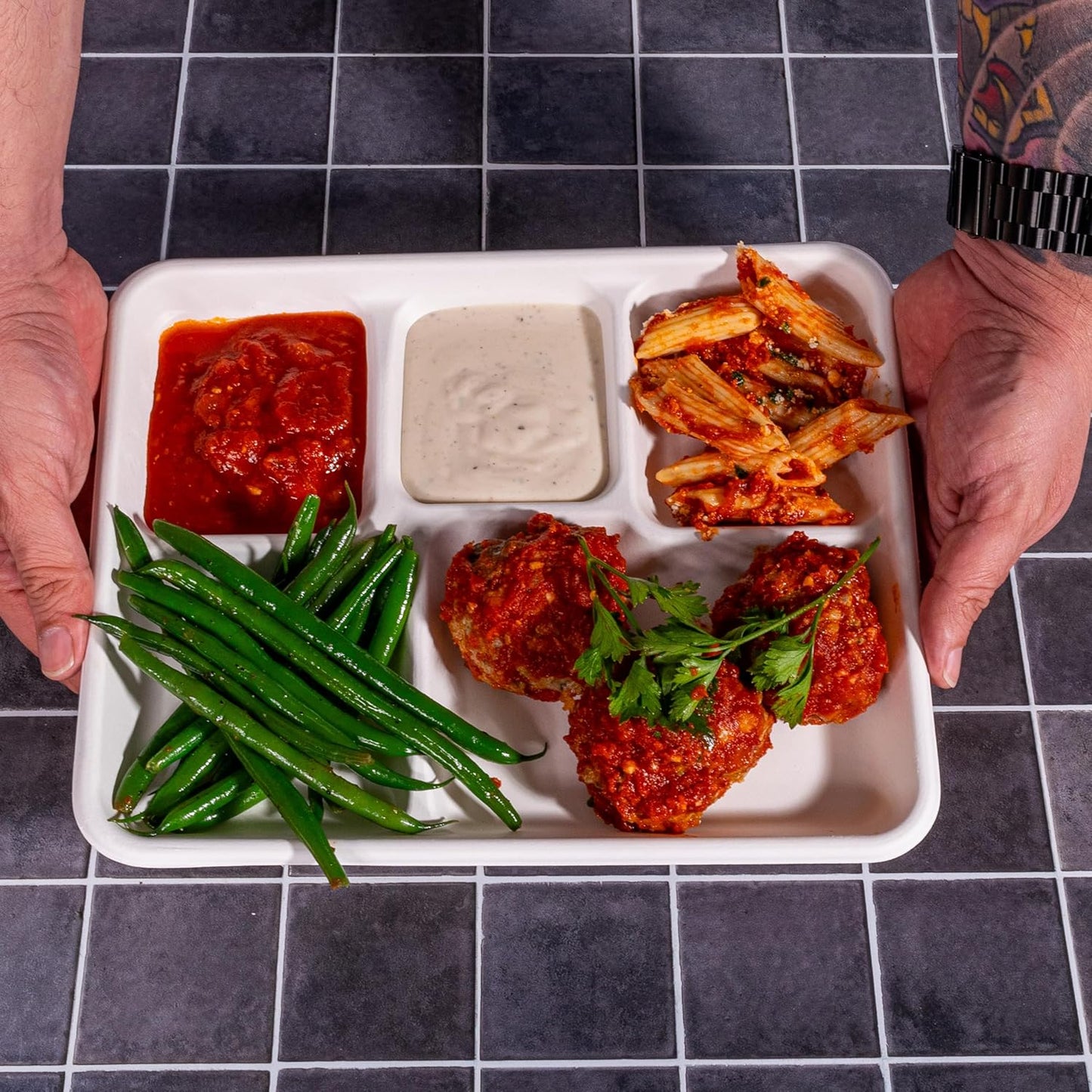 10.35x8.35 125 Pack 5 Compartment Plates, 100% Natural Disposable Biodegradable Plates, Lunch Trays for Cafeteria, Food, Meals, Dinner, Bulk