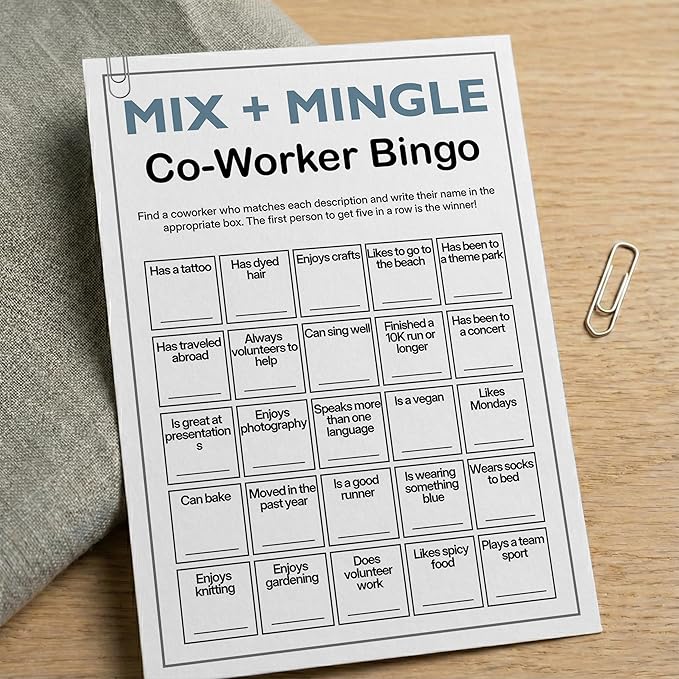 Sahjzk Office Bingo Cards, 25 Unique Randomized 5x7 Sheets, Get to Know You Bingo Game for Adults, Ice Breaker Office Party Games, Team Building Games for Work, High Replay Value - A02