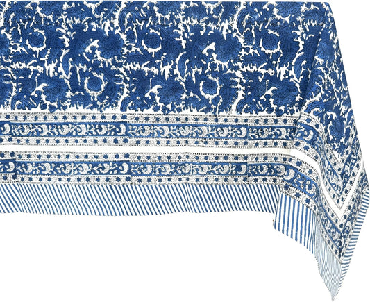 ATOSII Paradise Blue 100% Cotton Rectangle Summer Tablecloth, Handblock Floral Print Linen Table Cloth for Kitchen Dining I Parties, Weddings, Outdoors, Decor 60 X 90 Inches