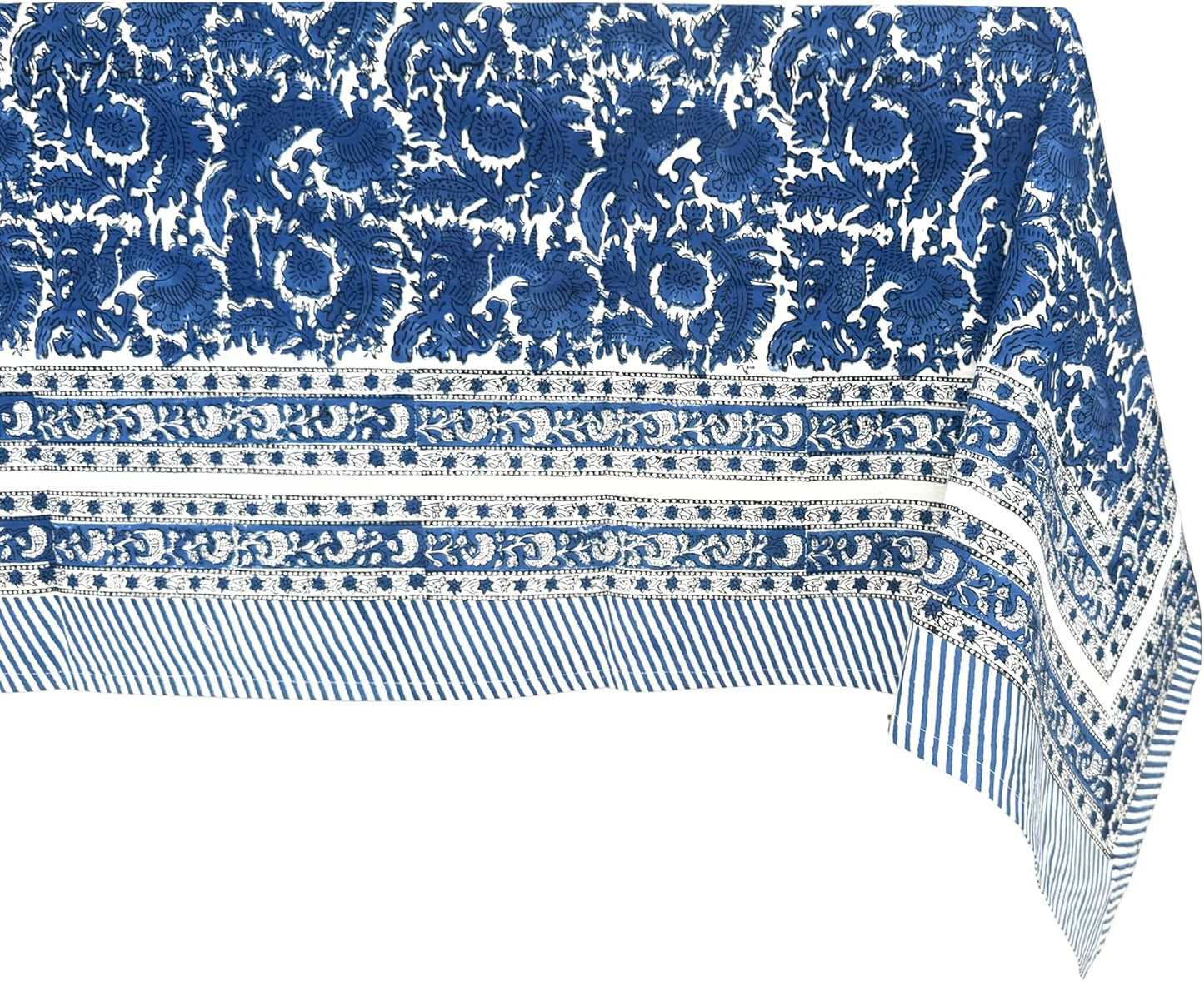 ATOSII Paradise Blue 100% Cotton Rectangle Summer Tablecloth, Handblock Floral Print Linen Table Cloth for Kitchen Dining I Parties, Weddings, Outdoors, 60 X 108 Inches I 8 Seater