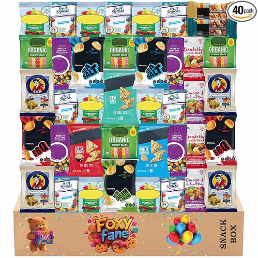 Foxy Fane 40 count Gluten-Free Healthy Snack Box - Premium Holiday, Christmas & New Year Gift Care Package full of Chips, Nuts, Bars, Popcorn - Bulk Bundle of Delicious Gluten Free Treats (40 Snacks)