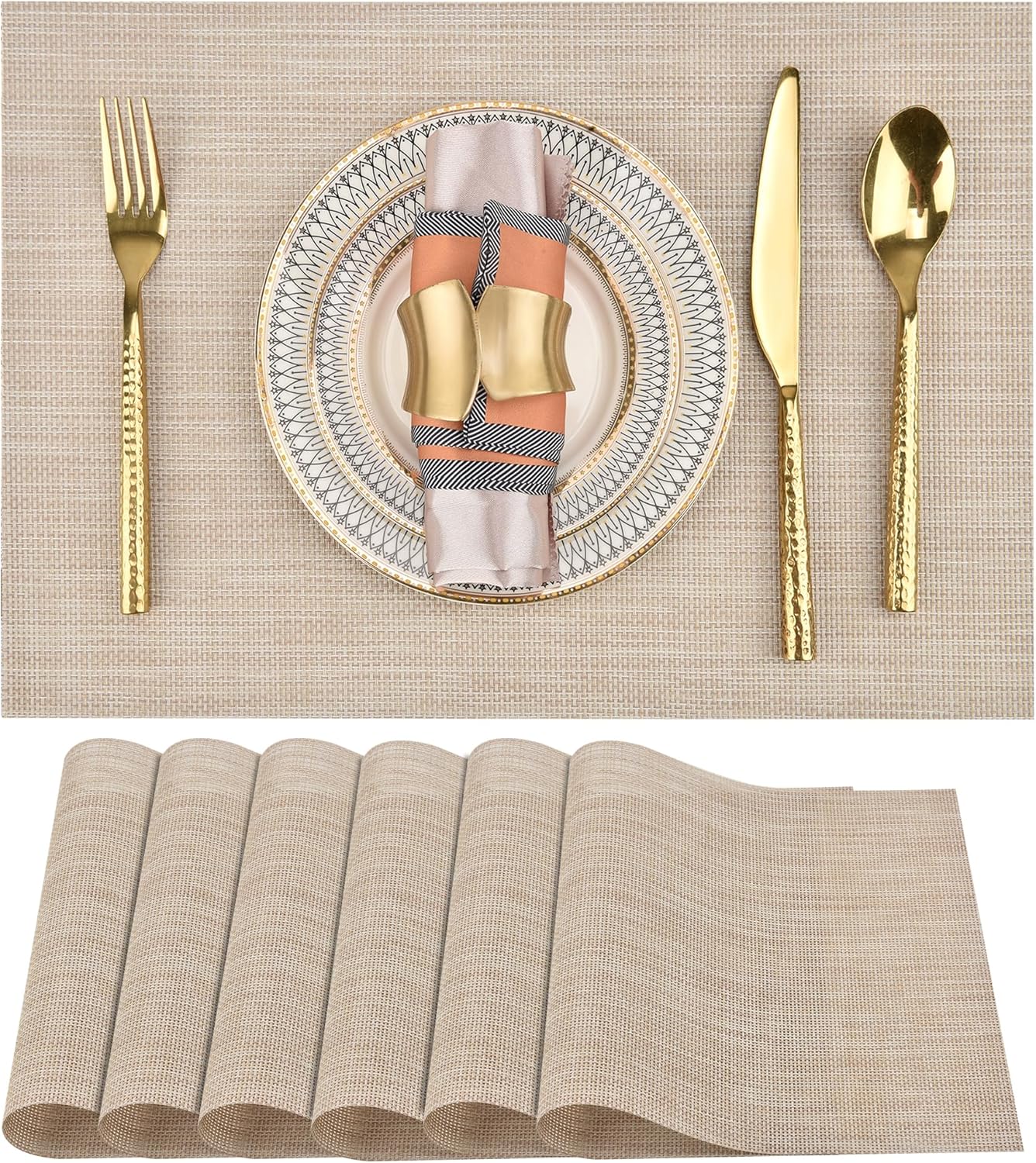 SLKQG Placemats Set of 6 - Easy Clean Washable Vinyl Placemats - Wipeable Heat Resistant Table Mats for Dining Table - 17.7x11.8 Inch (6, Beige)