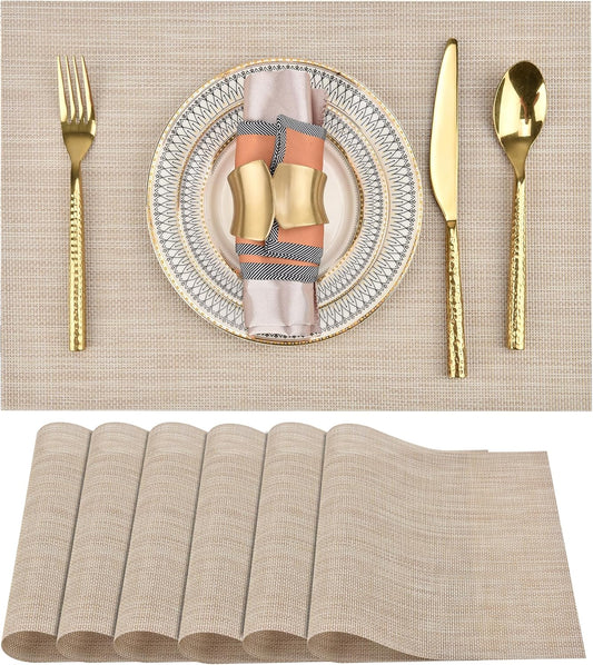 SLKQG Placemats Set of 6 - Easy Clean Washable Vinyl Placemats - Wipeable Heat Resistant Table Mats for Dining Table - 17.7x11.8 Inch (6, Beige)