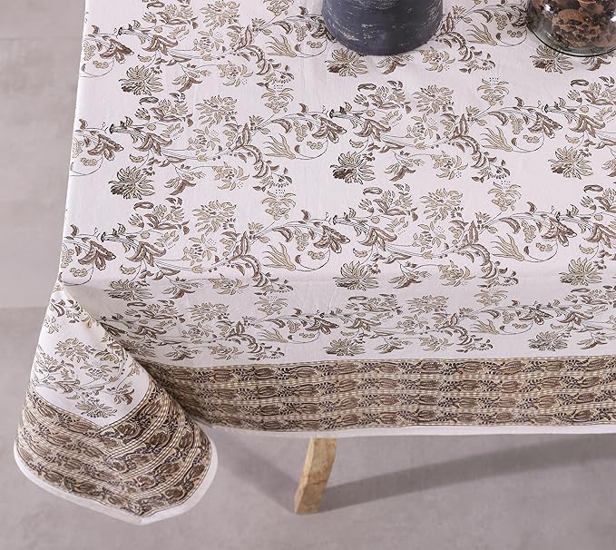 Labhanshi Indian Handblock Print Pre-Washed Cotton Floral Table Cloth|Reusable Rectangle 72x108 Inch 8-Seater Dining Tablecloth|Spring Easter Festive Decorative Table Cover|Beige Brown