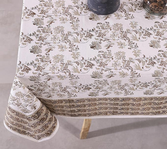Labhanshi Indian Handblock Print Floral 100% Cotton Pre-Washed Canvas Rectangle Table Cloth|72x135 Inch 10-Seater Large Decorative Table Cover|Spring Easter Festive Holiday Decor|Beige Brown