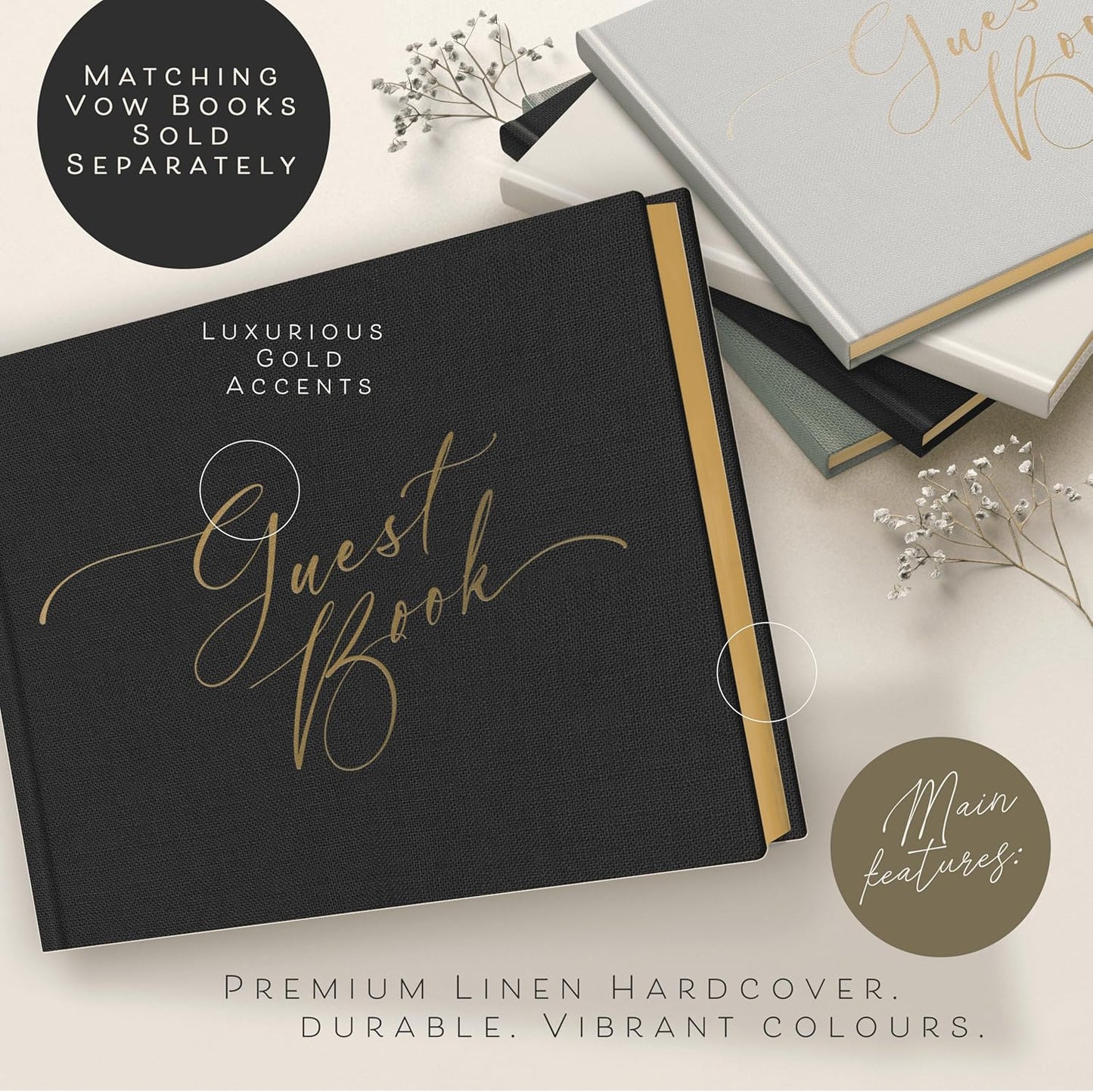 ARTESORI Black Wedding Guest Book — Gold-Foiled Blank Guest Book for Wedding Reception, Funeral Guest & Baby Shower to Sign in — Linen Photo & Polaroid Guest Book, Elegant Guestbook
