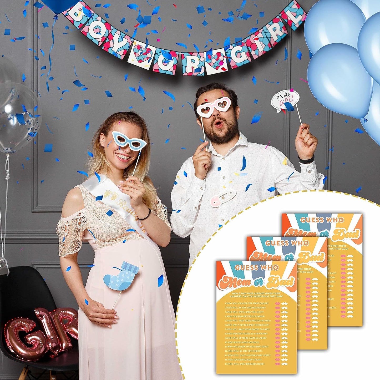 YSTEP Boho Sunshine Baby Shower Games for Boy, 30 Guess Who Mom or Dad Game Cards, Gender Reveal Party Supplies Favors (5"x7") -A05