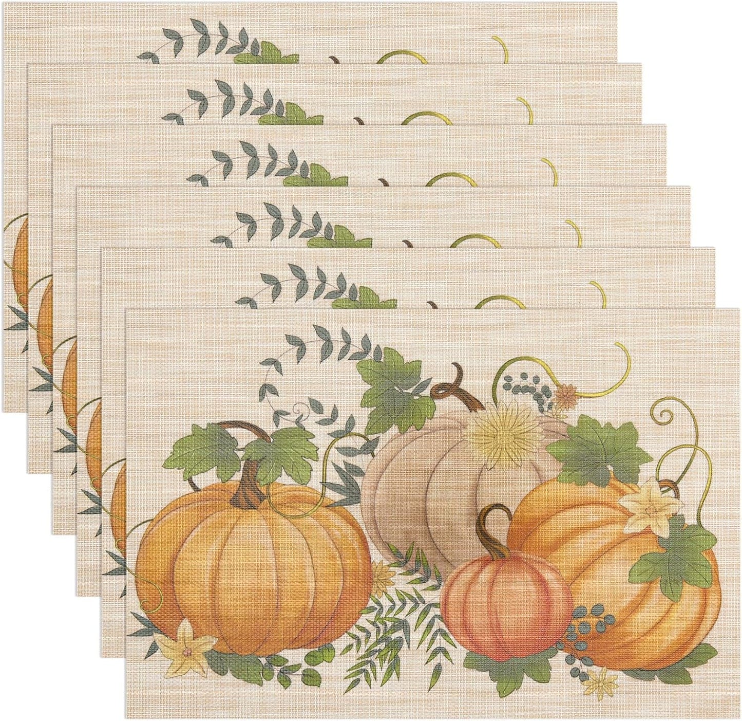Thanksgiving Placemats Set of 6 Fall Place Mats Pumpkin Maple Leaves Table Mats Washable Non-Slip Heatproof Woven Placemats for Dining Table (17.7" X 11.8")
