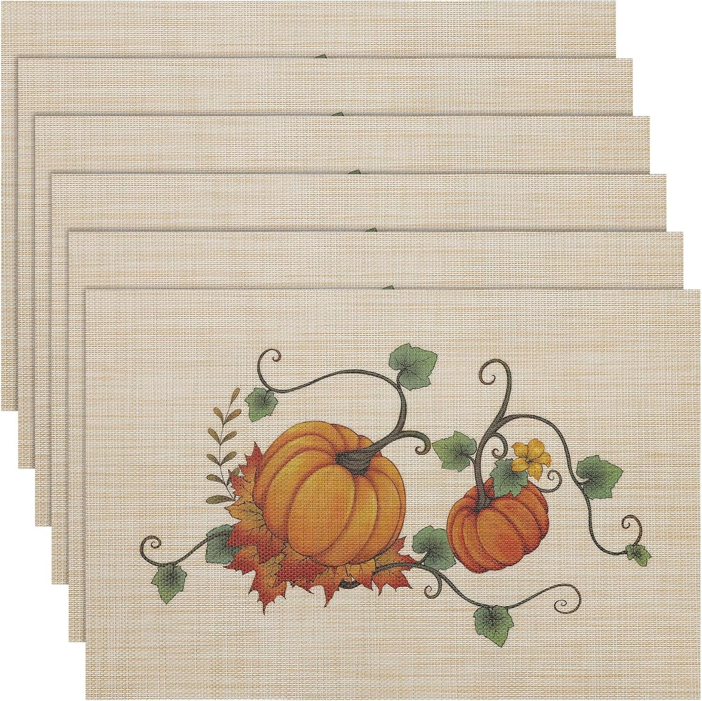 Thanksgiving Placemats Set of 6 Fall Table Mats Pumpkin Maple Leaves Table Mats Washable Non-Slip Heatproof Woven Placemats for Dining Table (17.7" X 11.8")