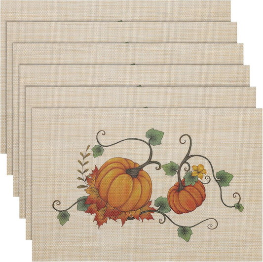 Thanksgiving Placemats Set of 6 Fall Table Mats Pumpkin Maple Leaves Table Mats Washable Non-Slip Heatproof Woven Placemats for Dining Table (17.7" X 11.8")