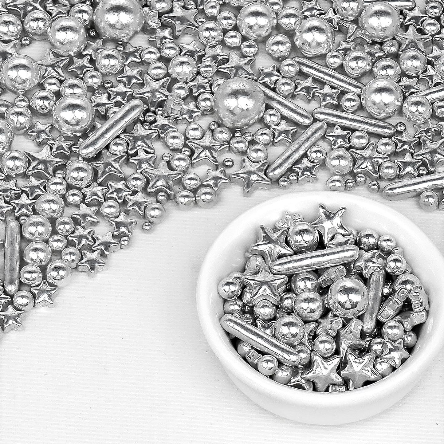 Silver Pearl Rods Star Sugar Christmas Sprinkles, Silver Sprinkles for Cake, Edible Pearls Baking Candy, 150g/5.29oz Mix Size, Cupcake Decoration, Wedding Party Supplies