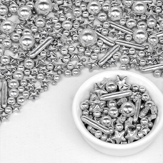 Silver Pearl Rods Star Sugar Christmas Sprinkles, Silver Sprinkles for Cake, Edible Pearls Baking Candy, 150g/5.29oz Mix Size, Cupcake Decoration, Wedding Party Supplies