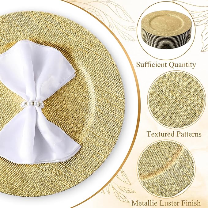 Tanlade 12 Pcs Charger Plates Bulk 13 Inch Plastic Texture Strip Wedding Chargers Floral Decorative Plates with Metallic Ruffled Rim for Wedding Party, Holiday Event Supplies(Gold)